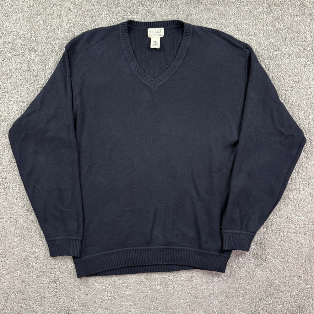 L.L.Bean Mens Large Black 100% Cotton V Neck Sweater Made in Hong Kong